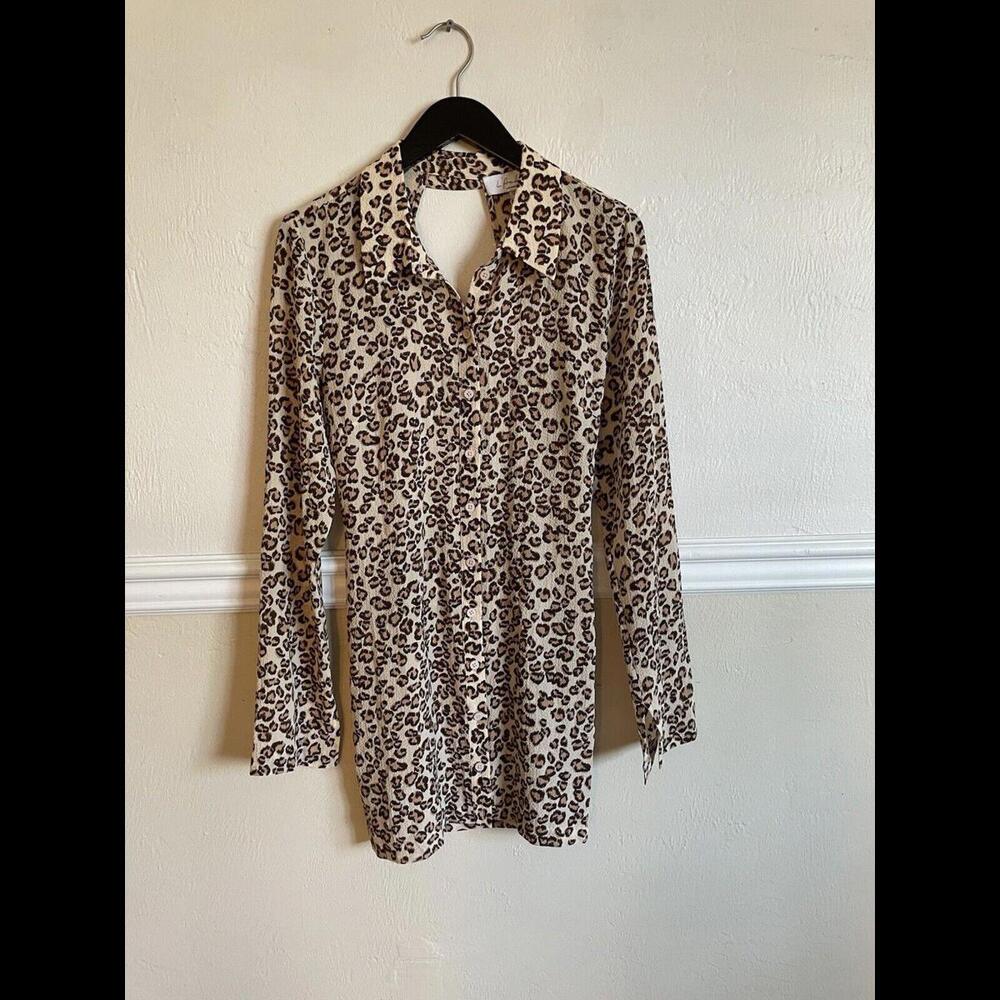 L 'Academie Leopard Print Long Sleeve Open Back Mini Dress Tunic NWT Size M